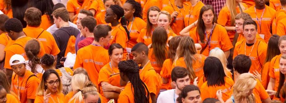 A Sea of Orange - students in orange Buffalo State T-shirts